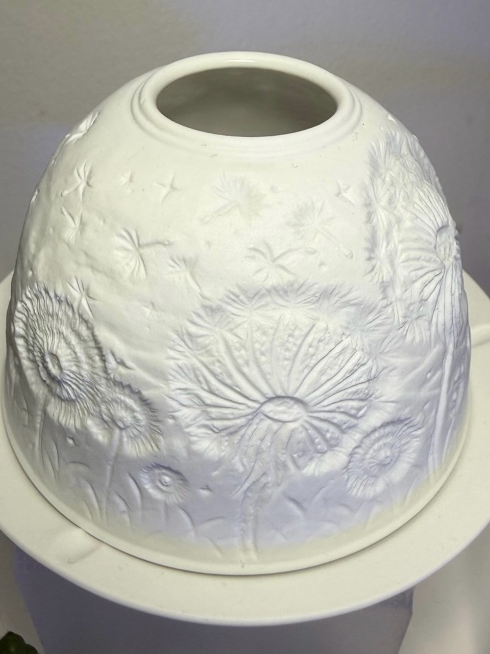 White Porcelain Dandelion Lithophane Candle Holder Dome with Saucer